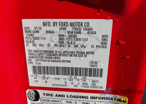 2010 Ford F-150 Fx4/Harley-Davidson/King Ranch/Lariat/Platinum/Xl/Xlt z USA, uszkodzony, nr VIN 1FTFW1EV6AKE30785
